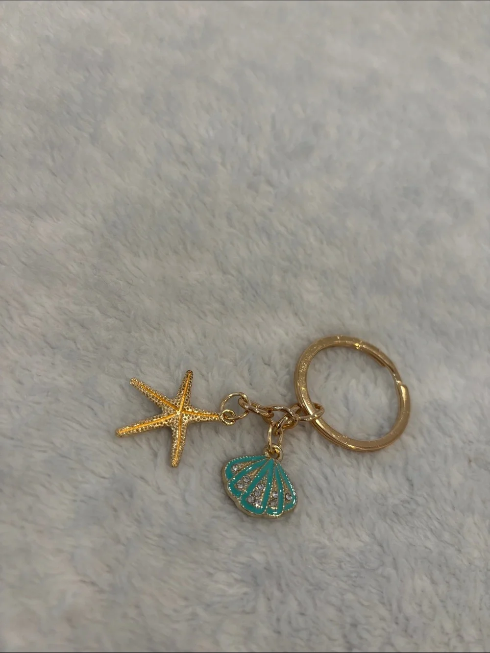Gold Toned Starfish & Turquoise Shell Beach Ocean Sea themed Keychain NWT